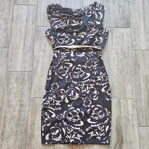 Byron Lars Beauty Mark Dress Womens Size 8 Black Floral‎ Print Belted Sheath